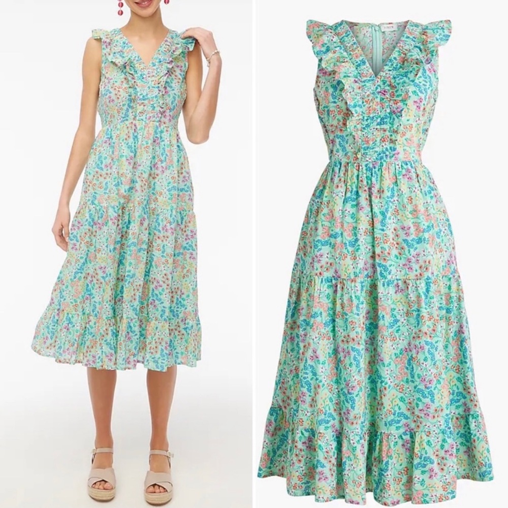 J. Crew Printed V Neck Smocked Midi